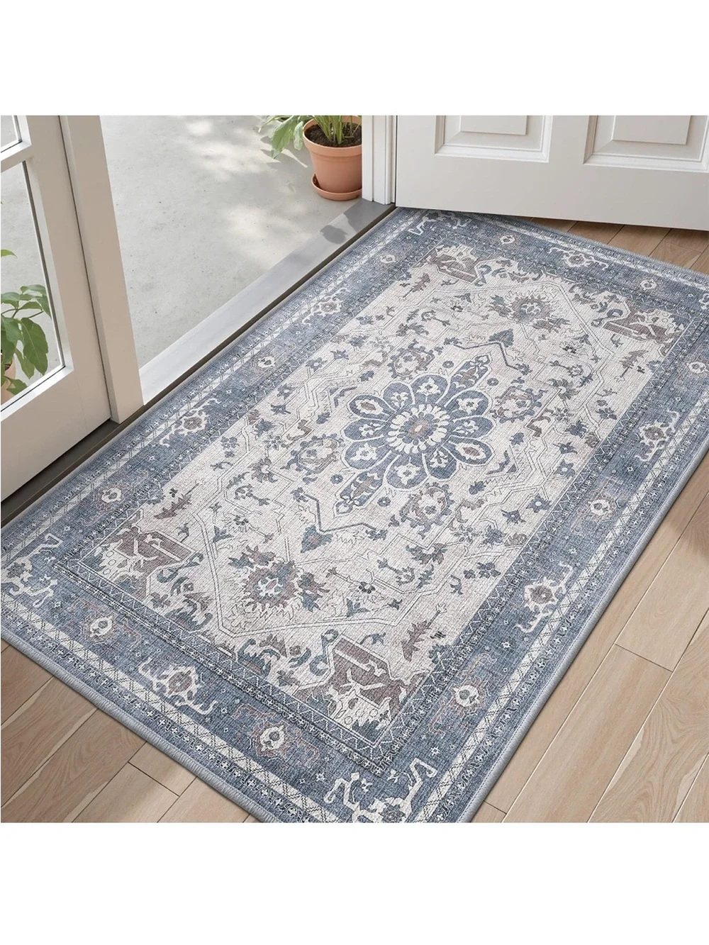 Lumi Blue Floral Medallion Patio/Mud Room Area Rug - Home Accents (washable)